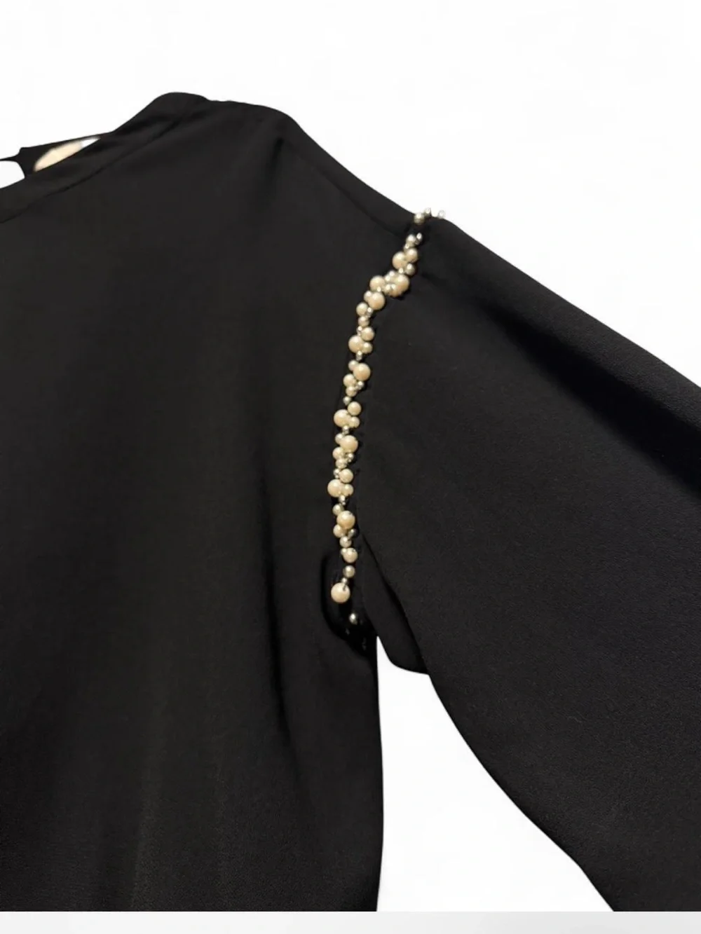Zara Black Long-Sleeve Blouse with Pearl-Embellished Sleeves